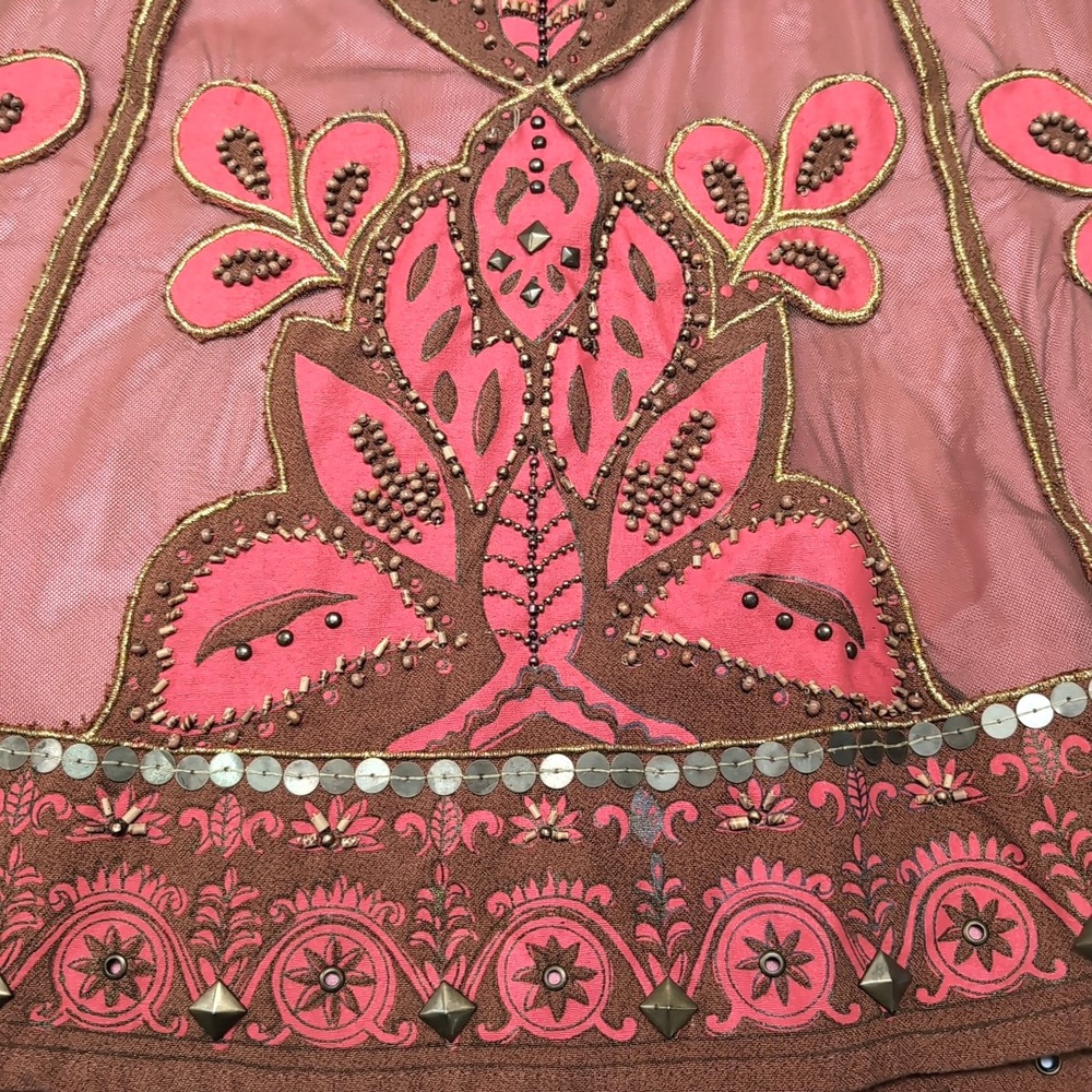Basil & Maude A-Line Skirt Size 4 Coral Brown Embroidered Beaded Mesh Lined READ - Picture 7 of 16
